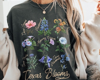 Camiseta con flores silvestres nativas de Texas en acuarela Comfort Colors®, camiseta botánica Bluebonnet, regalo para amantes de las flores silvestres, camiseta floral Cottagecore