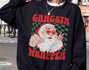 Retro Gangsta Wrapper Sweatshirt Funny Christmas Party Crewneck, Gangster Rapper Santa Sweater, Trendy Xmas Sweatshirt, Holiday Lover Gift