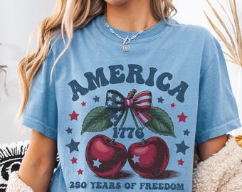 Comfort Colors® Retro America 250 Years of Freedom Shirt, Cherries & Coquette USA Flag Bow Tee, 1776 Tee Fourth of July Lover Patriotic Gift