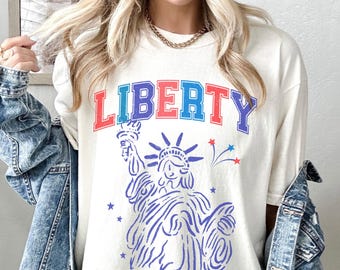 Comfort Colors® Lady Liberty Varsity Shirt, Statue of Liberty Graphic Tee, July 4th Red White and Blue America T-shirt, Liberty Lover Gift