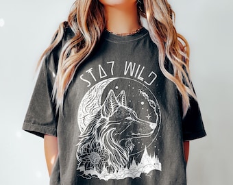 Comfort Colors® Wolf Stay Wild Shirt Retro Wolf Lover Gift, Wolf Nature Tshirt, Boho Wolf Shirt, Wolf Moon Shirt, Retro Floral Wolf Shirt