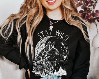 Wolf Stay Wild Sweatshirt Wolf Crewneck Retro Wolf Sweatshirt Wolf Lover Gift, Boho Wolf Shirt, Floral Wolf Pullover, Wolf Moon Sweatshirt