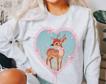 Coquette Fawn Sweatshirt Retro Baby Deer Crewneck, Cute Christmas Reindeer Pink Bows Sweater Coquette Aesthetic Oh Deer Christmas Lover Gift