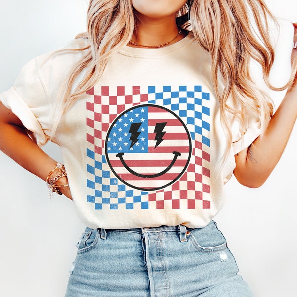 Comfort Colors® Retro America Smile Face Shirt, Red White and Blue Checkered T-shirt, USA Smile July 4 Tee, Retro American Patriotic Gift