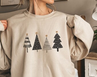 Modern Christmas Trees Sweatshirt, Womens Christmas Sweater, Holiday Crewneck Gift for Her, Winter Trees Pullover with Minimal Gold Stars