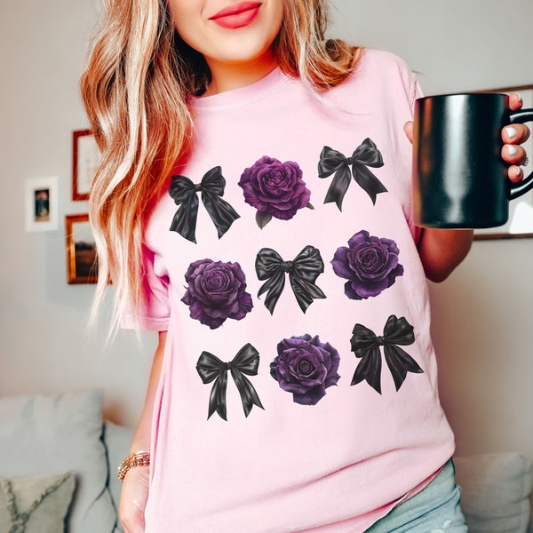 Comfort Colors® Dark Coquette Roses And Bows Shirt, Cute Purple Rose T-shirt, Coquette Black Bows Tee Dark Coquette Soft Girl Aesthetic Gift