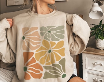 Modern Boho Flowers Sweatshirt Boho Wildflowers Crewneck Sweater, Botanical Sweatshirt Gift For Flower Lover, Artsy Boho Floral Gift For Her