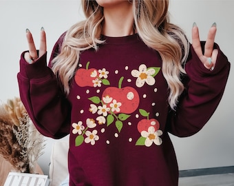 Retro Apple Sweatshirt Apples And Flowers Crewneck Sweater Fruit Sweatshirt, Cute Fall Sweatshirt, Apple Picking Shirt, Gift For Apple Lover