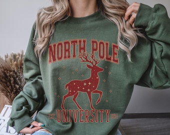 North Pole University Sweatshirt Christmas Varsity Crewneck, Retro Celestial Deer North Pole University Sweater, Trendy Winter Holiday Gift