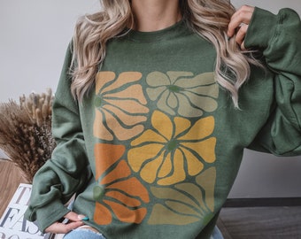 Modern Boho Flowers Sweatshirt Boho Wildflowers Crewneck Sweater, Botanical Sweatshirt Gift For Flower Lover, Artsy Boho Floral Gift For Her