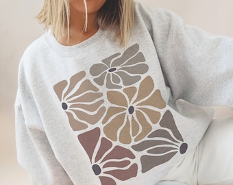 Boho Flowers Sweatshirt Modern Neutral Wildflowers Crewneck Sweater, Boho Aesthetic Floral Sweatshirt Gift For Minimalist Boho Nature Lover