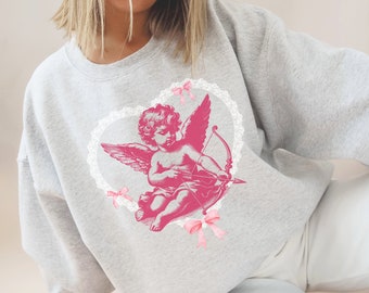 Coquette Angel Sweatshirt Cute Cherub Angel-Core Crewneck Sweater Trendy Coquette Pink Bows Shirt, Pink Ribbon Coquette Aesthetic Lover Gift