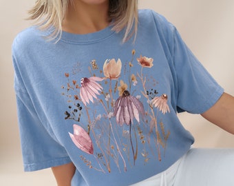 Comfort Colors® Watercolor Pressed Flowers Shirt Boho Cottagecore Shirt, Fairycore Tee, Cute Wildflowers Shirt Pastel Botanical Floral Shirt