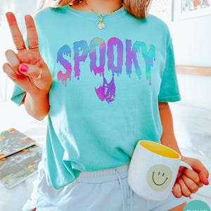 Comfort Colors® Retro Preppy Spooky Bat Shirt, Trendy Iridescent Halloween Tee, Holographic Aesthetic Bats Tee, Rainbow Y2K Bat Lover Gift Chalky Mint