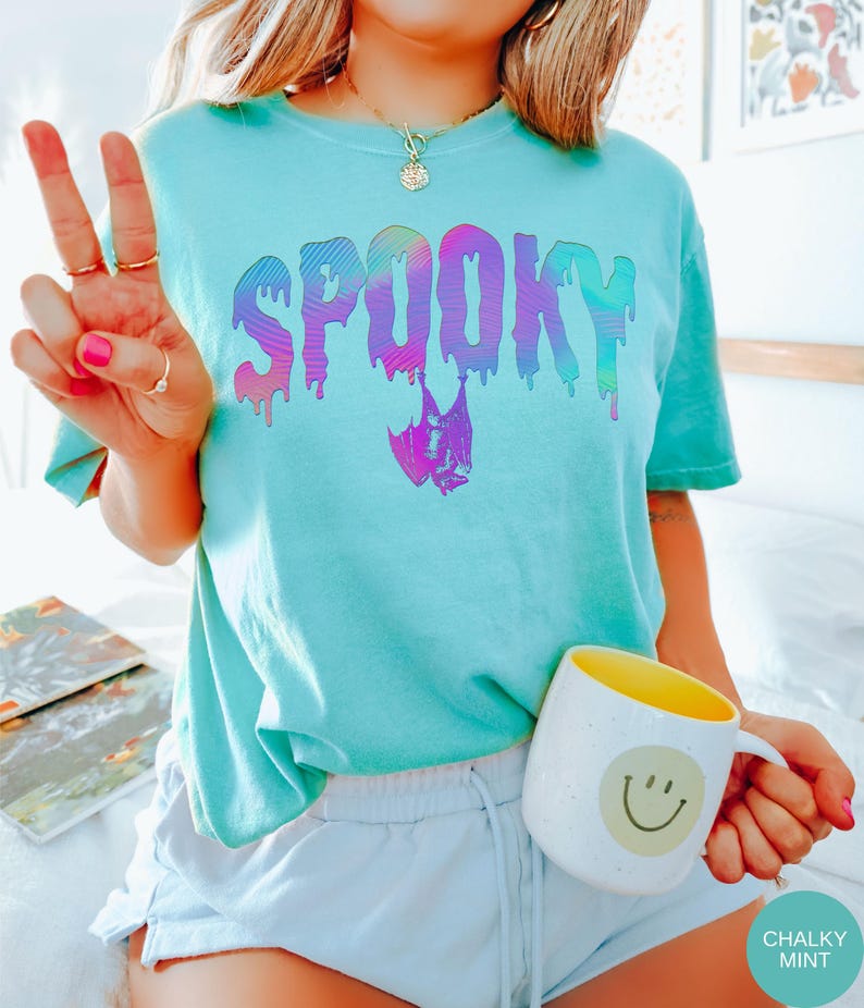 Comfort Colors® Retro Preppy Spooky Bat Shirt, Trendy Iridescent Halloween Tee, Holographic Aesthetic Bats Tee, Rainbow Y2K Bat Lover Gift Chalky Mint
