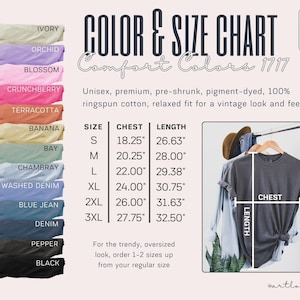 May include: Colour and size chart for Comfort Colors 1717 t-shirts. The chart shows 12 different colours of t-shirts, with measurements for chest and length in inches for sizes S through 3XL. The chart also includes a photo of a grey t-shirt on a hanger.