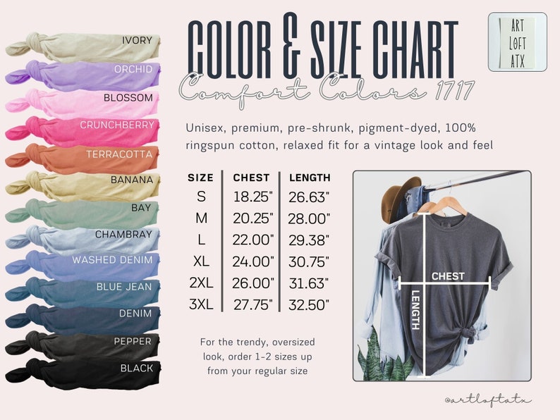 May include: Colour and size chart for Comfort Colors 1717 t-shirts. The chart shows 12 different colours of t-shirts, with measurements for chest and length in inches for sizes S through 3XL. The chart also includes a photo of a grey t-shirt on a hanger.