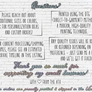 May include: White brick wall background with text in black and colorful fonts. Text includes information about custom orders, printing methods, and quality issues. The phrase "Thank you so much for supporting my small business!" is also included.
