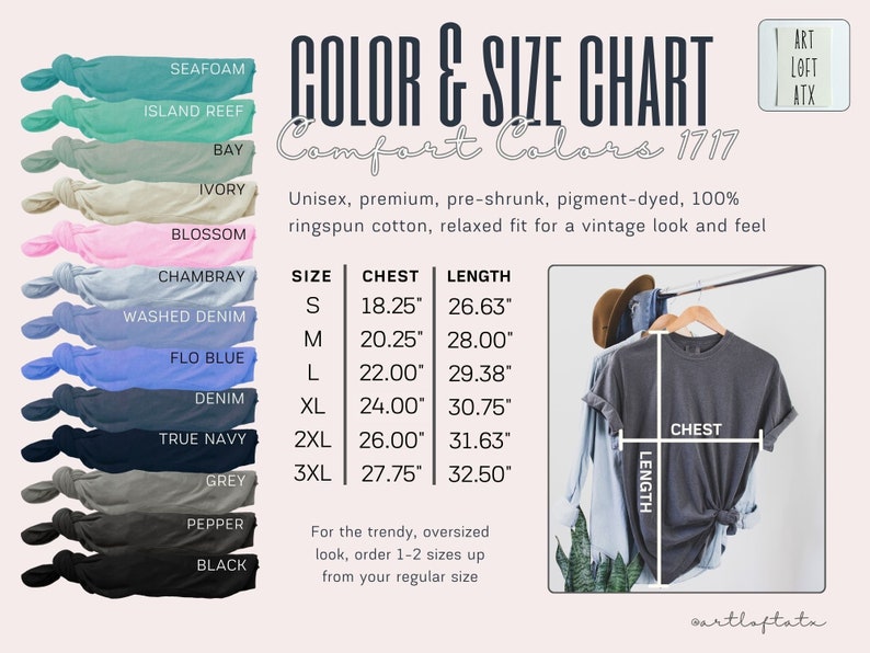 Puede incluir: Tabla de colores y tallas para camisetas Comfort Colors 1717. La tabla muestra 12 colores diferentes de camisetas, con medidas de pecho y largo en pulgadas para las tallas S a 3XL. La tabla tambi&eacute;n incluye una nota sobre pedir 1-2 tallas m&aacute;s para un look moderno y de gran tama&ntilde;o.