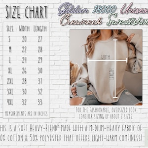 May include: Size chart for a unisex crewneck sweatshirt made of a blend of cotton and polyester. The chart shows the width and length measurements in inches for sizes S through 4XL. The image also shows a model wearing the sweatshirt.