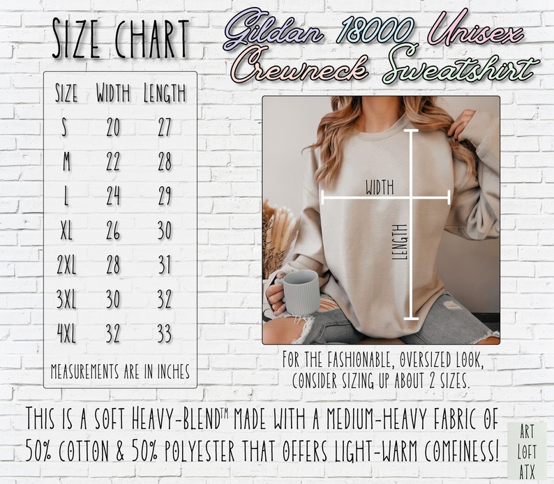 May include: Size chart for a unisex crewneck sweatshirt made of a blend of cotton and polyester. The chart shows the width and length measurements in inches for sizes S through 4XL. The image also shows a model wearing the sweatshirt.