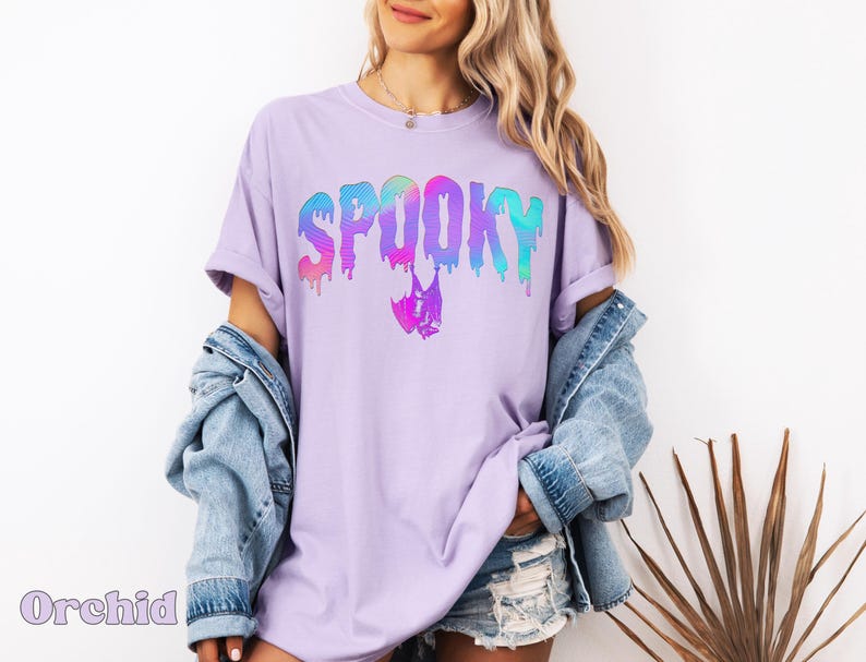 Comfort Colors® Retro Preppy Spooky Bat Shirt, Trendy Iridescent Halloween Tee, Holographic Aesthetic Bats Tee, Rainbow Y2K Bat Lover Gift Orchid