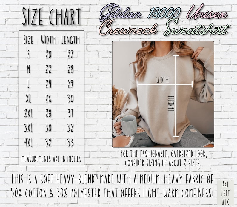 May include: Size chart for a unisex Gildan 18000 crewneck sweatshirt. The chart shows width and length measurements in inches for sizes S through 4XL. The text states that the sweatshirt is made with a medium-heavy fabric blend of 50% cotton and 50% polyester, offering a light-warm comfort. It also suggests sizing up two sizes for a fashionable, oversized look.