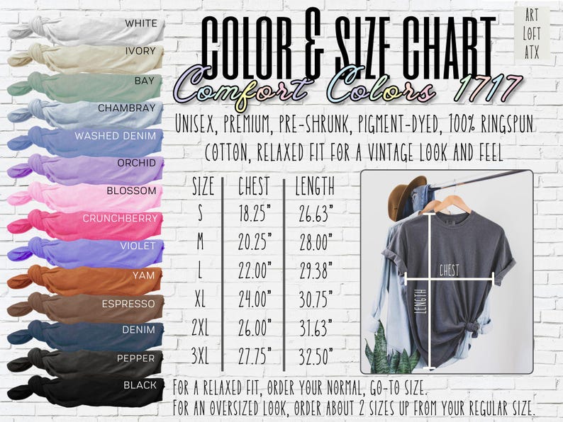 May include: A colour and size chart for Comfort Colors 1717 unisex t-shirts. The chart shows chest and length measurements in inches for sizes S to 3XL. Available colours include white, ivory, bay, chambray, washed denim, orchid, blossom, crunchberry, violet, yam, espresso, denim, pepper, and black.