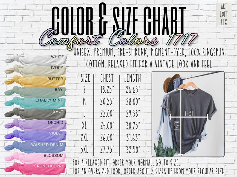 May include: Color and size chart for Comfort Colors 1717 t-shirts. The chart includes measurements for chest and length in inches, and a color palette with shades like white, ivory, butter, and grey. The image also shows a t-shirt on a hanger.