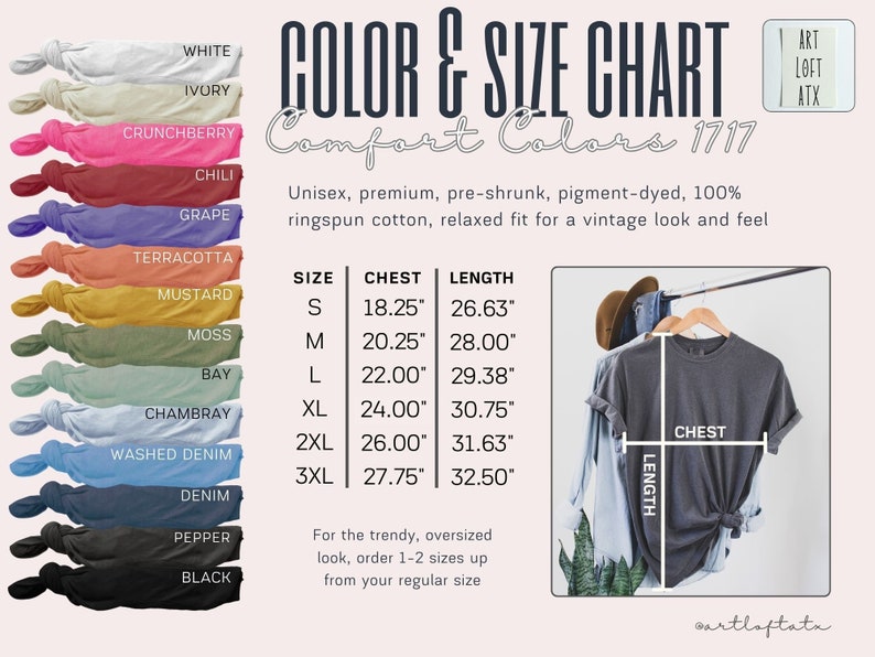 Op de afbeelding: Kleuren- en maattabel voor Comfort Colors 1717 T-shirts. De tabel toont 13 verschillende kleuren T-shirts, met borst- en lengtemaat in inches voor maten S tot en met 3XL. De tabel bevat ook een foto van een grijs T-shirt op een hanger, met de borst- en lengtemaat aangegeven.