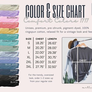 May include: Color and size chart for Comfort Colors 1717 t-shirts. The chart shows 14 different colors of t-shirts, with measurements for chest and length in inches for sizes S, M, L, XL, 2XL, and 3XL. The chart also includes a photo of a gray t-shirt on a hanger.