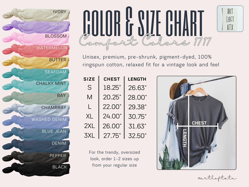 May include: Color and size chart for Comfort Colors 1717 t-shirts. The chart shows 14 different colors of t-shirts, with measurements for chest and length in inches for sizes S, M, L, XL, 2XL, and 3XL. The chart also includes a photo of a gray t-shirt on a hanger.