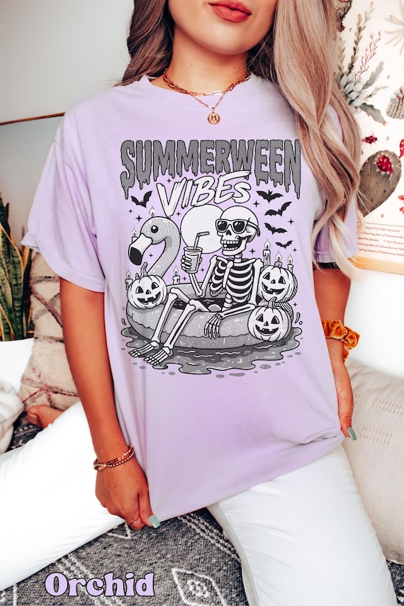 Comfort Colors® Classic Summerween Vibes Tee, Cute Spooky Skeleton Sunbathing Shirt Trendy Summer-Ween Retro Art Summer Halloween Lover Gift