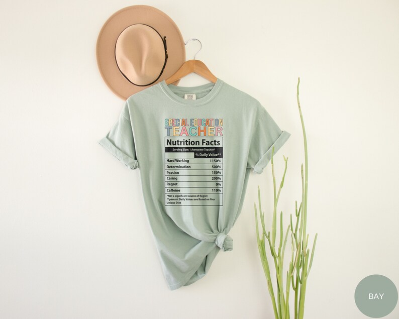 Op de afbeelding: Een lichtgroen T-shirt met een afbeelding van een voedingsschema-etiket met de tekst "Special Education Teacher". Het etiket geeft het percentage van de dagelijkse waarde voor hard werken, vastberadenheid, passie, zorg, spijt en cafe&iuml;ne.