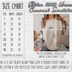 May include: Size chart for a unisex crewneck sweatshirt made of a blend of cotton and polyester. The chart shows the width and length measurements in inches for sizes S through 4XL. The image also shows a model wearing the sweatshirt.