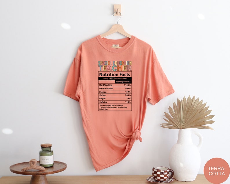 Op de afbeelding: Een perzikkleurig T-shirt met een afbeelding met de tekst "Special Education Teacher" en een voedingsschema met de vermelding "Hard Working 1150%, Determination 500%, Passion 150%, Caring 200%, Regret 0%, Caffeine 110%".