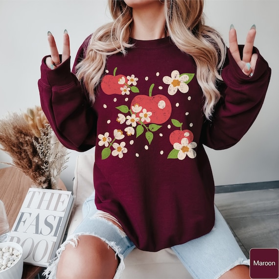 Retro Apple Sweatshirt Apples And Flowers Crewneck Sweater Fruit Sweatshirt, Cute Fall Sweatshirt, Apple Picking Shirt, Gift For Apple Lover