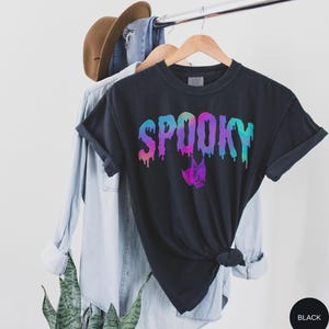 Comfort Colors® Retro Preppy Spooky Bat Shirt, Trendy Iridescent Halloween Tee, Holographic Aesthetic Bats Tee, Rainbow Y2K Bat Lover Gift Black