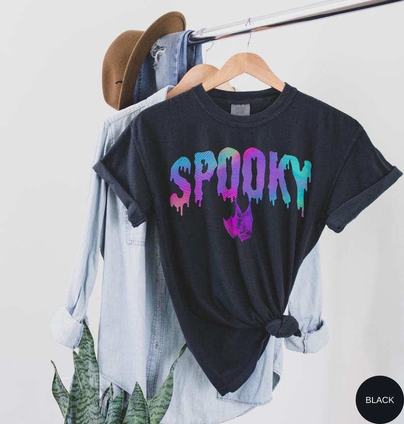 Comfort Colors® Retro Preppy Spooky Bat Shirt, Trendy Iridescent Halloween Tee, Holographic Aesthetic Bats Tee, Rainbow Y2K Bat Lover Gift Black