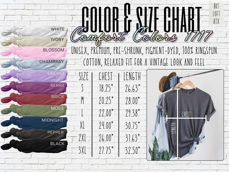 Puede incluir: Tabla de colores y tallas para camisetas unisex en varios colores, incluyendo blanco, marfil, flor, Chambray, orqu&iacute;dea, baya, ladrillo, musgo, medianoche, pimienta y negro. La tabla muestra las medidas de pecho y longitud en pulgadas para las tallas S, M, L, XL, 2XL y 3XL. El texto "Comfort Colors 1717" tambi&eacute;n est&aacute; incluido.