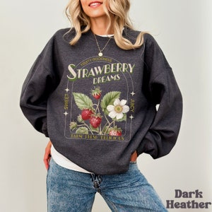 May include: Dark heather grey sweatshirt with a graphic print of a strawberry plant with the text "FRUITY GOODNESS STRAWBERRY DREAMS SWEET JUICY FARM FRESH DELICIOUS"