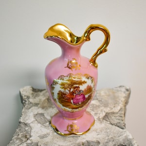 Vintage Pink Limoges Pitcher with Gold Gilt Detail, Limoges France Porcelain, Bardet Limoges France Porcelain, Limoges France, Chinoiserie