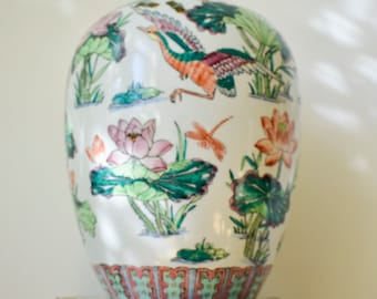 Vintage Handpainted Chinoiserie Porcelain Ginger Jar, Vintage Chinoiserie, Vintage Ginger Jars