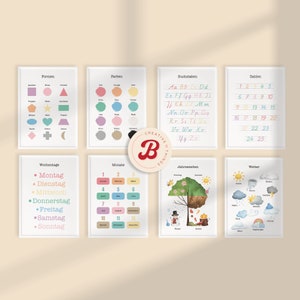 SET de 8 carteles de aprendizaje Montessori para niños | Formas, colores, números, letras, clima, estaciones, días de la semana, meses.