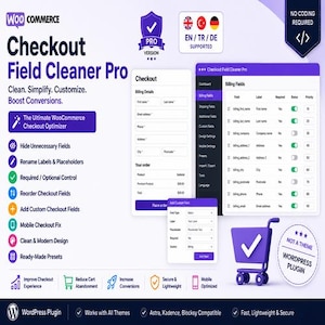 Puede incluir: Un gráfico promocional digital para el plugin de WordPress Checkout Field Cleaner Pro. La imagen muestra una interfaz de formulario de pago, un panel de gestión de campos de facturación y un icono de carrito de compras morado. El texto incluye funciones como ocultar campos innecesarios, renombrar etiquetas y reordenar campos de pago.