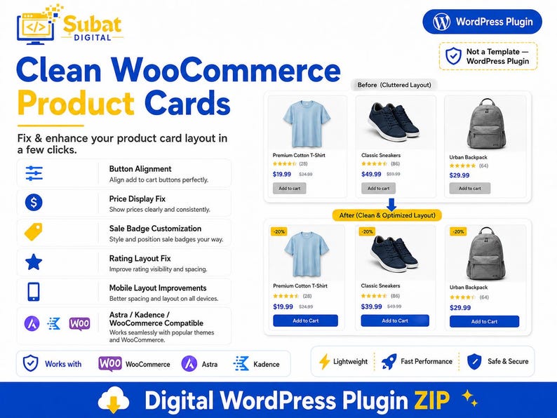 May include: A digital WordPress plugin advertisement titled Clean WooCommerce Product Cards. It displays a comparison between a cluttered layout and a clean, optimized layout featuring a t-shirt, sneakers, and a backpack with product details.