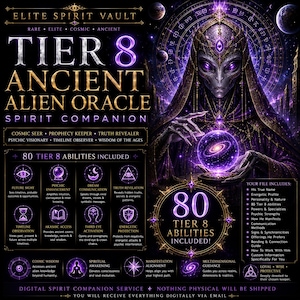 May include: A digital graphic featuring an alien oracle with the text "Tier 8 Ancient Alien Oracle Spirit Companion." The image is predominantly purple and black, with an alien holding a glowing orb. Includes 80 abilities and information about the file.