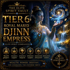 May include: An artistic digital illustration featuring a woman with pointed ears, adorned in gold jewelry and a crown, with the text "TIER 6 ROYAL MARID DJINN EMPRESS." The image includes symbols representing wealth, influence, attraction, opportunity, manifestation, and protection.