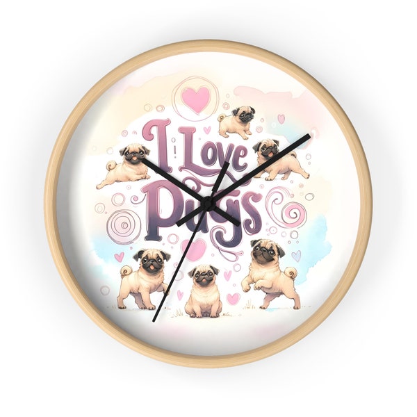 Whimsical Pug Love Wall Clock