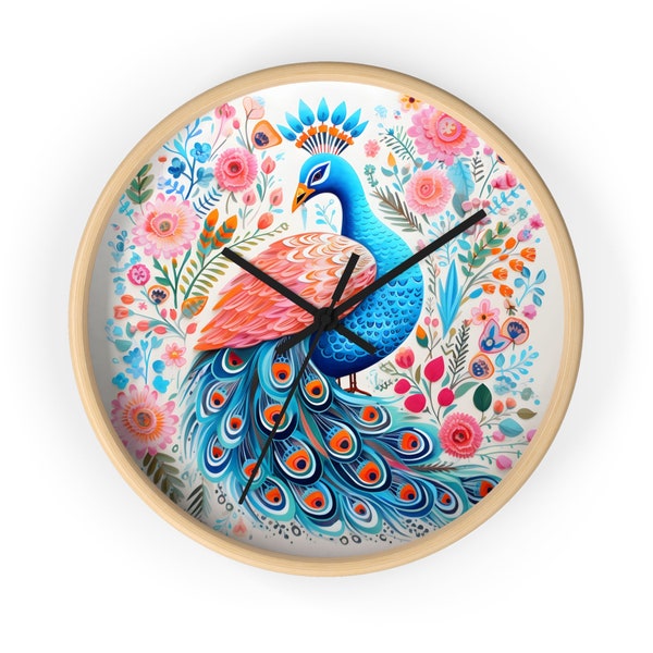 Horloge murale Boho Chic Floral Peacock, offrant une touche de décoration tropicale moderne